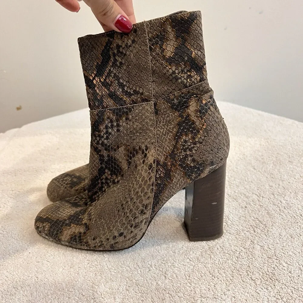 Free People Brown Leather Booties Snake Print Heels Women US 7.5 Eu 38 Boho Chic